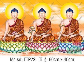 Tranh Tam Thế Phật đẹp nhất TTP72, ba Đức Phật mặc y phục vàng đất