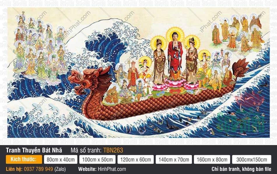 Hình Thuyền Bát Nhã TBN263 Hình Thuyền Bát Nhã TBN263 khắc họa Tây Phương Tam Thánh y phục màu nâu trên thuyền rồng