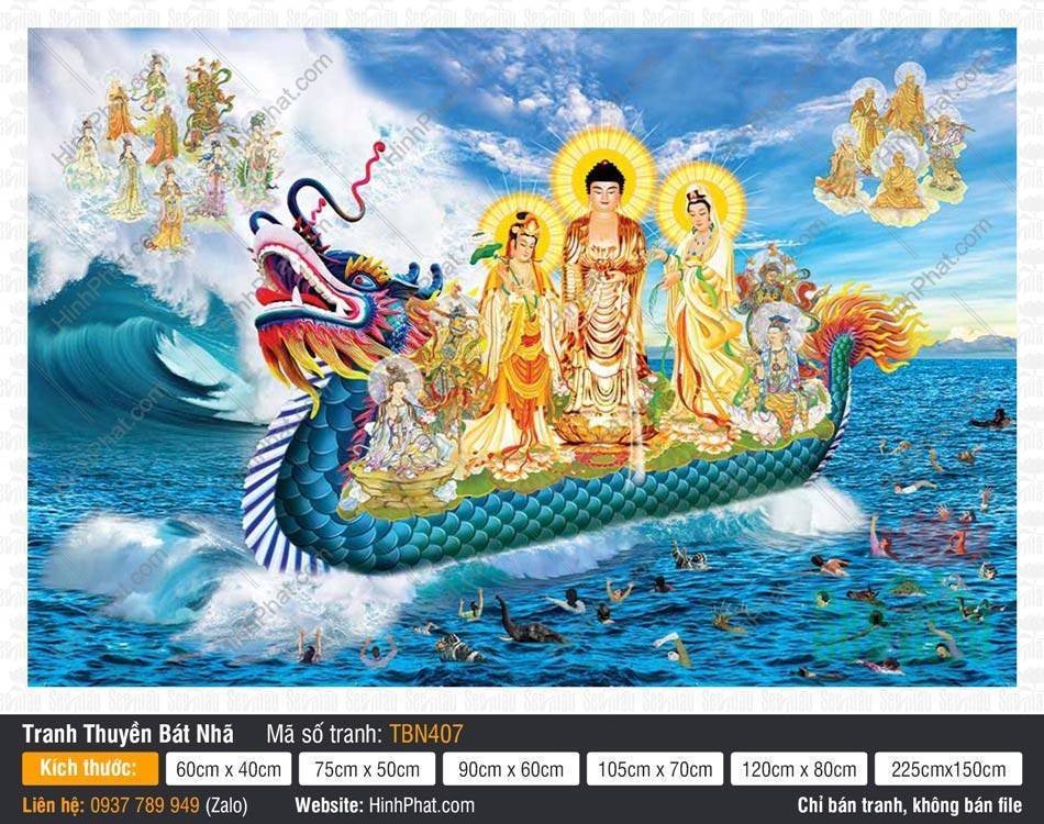 Hình Thuyền Bát Nhã TBN407 Hình Thuyền Bát Nhã TBN407 phác họa Tây Phương Tam Thánh ngự thuyền rồng vảy xanh