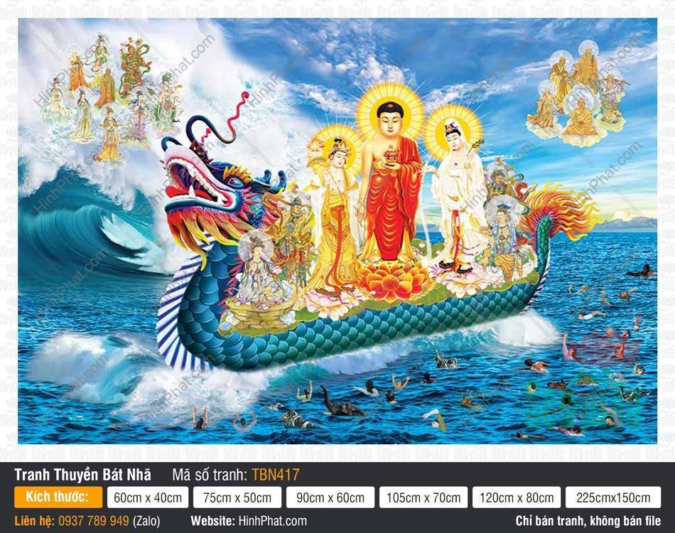 Hình Thuyền Bát Nhã đẹp TBN417 Hình Thuyền Bát Nhã đẹp TBN417 phác họa Tây Phương Tam Thánh áo đỏ ngự thuyền rồng