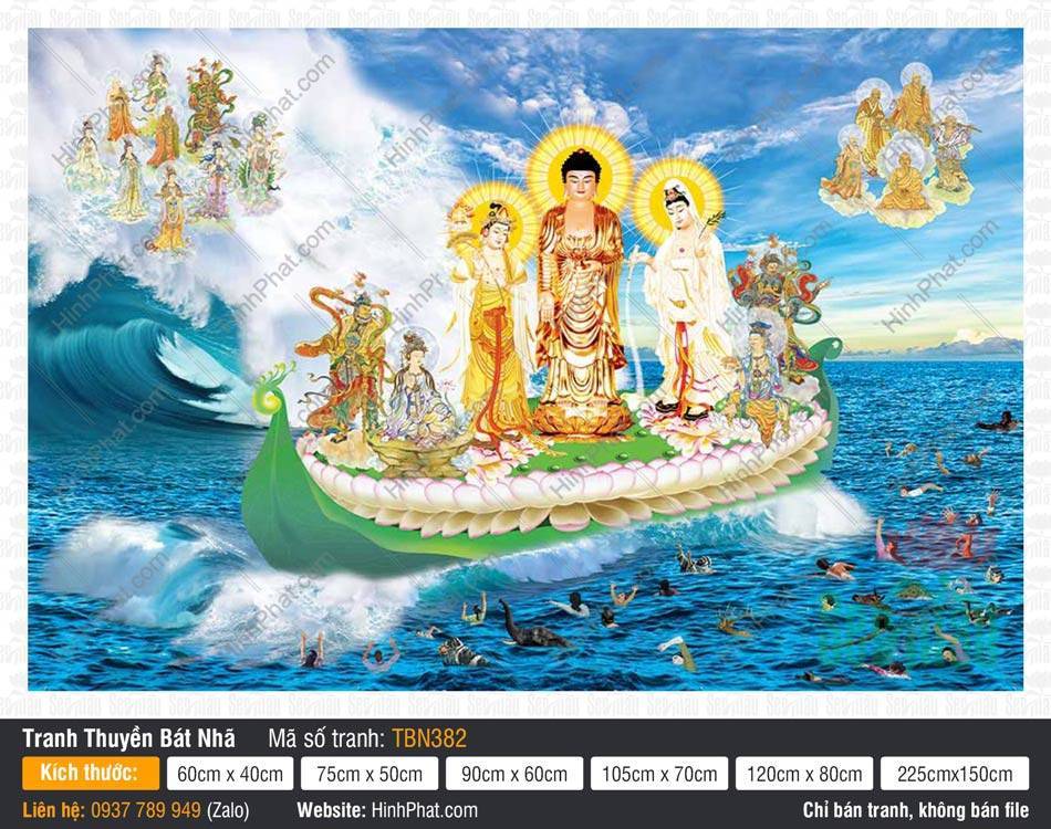 Hình Thuyền Bát Nhã kích thước lớn TBN382 Hình Thuyền Bát Nhã kích thước lớn TBN382 khắc họa Tam Thánh ngự biển