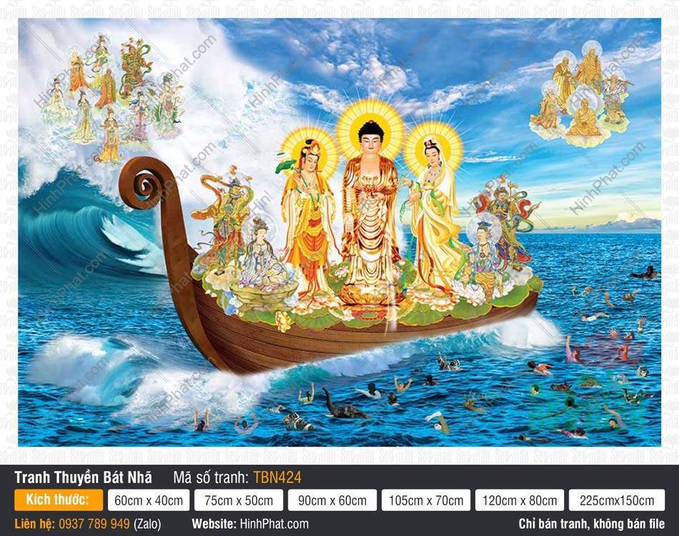 Thuyền Bát Nhã TBN424 Thuyền Bát Nhã TBN424 tả cảnh Tây Phương Tam Thánh ngự trên thuyền gỗ nâu