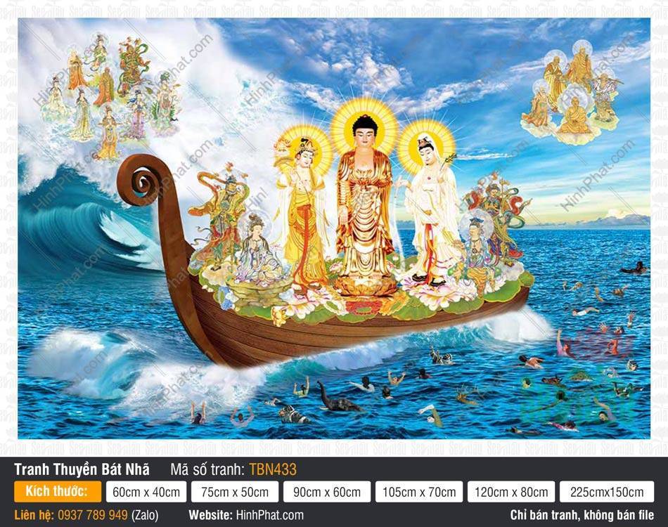 Thuyền Bát Nhã TBN433 Thuyền Bát Nhã TBN433 khắc họa Tây Phương Tam Thánh ngự thuyền gỗ nâu cứu độ chúng sinh
