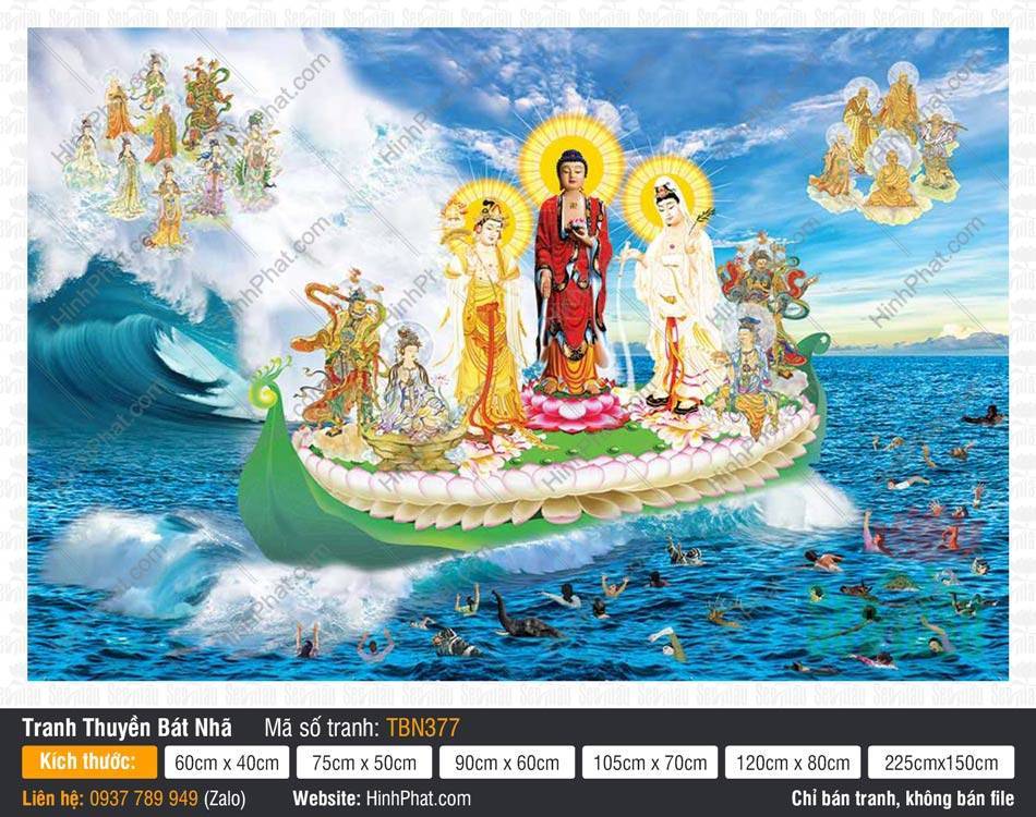 Thuyền Từ Tế Độ TBN377 Tranh Thuyền Từ Tế Độ TBN377 Tây Phương Tam Thánh ngự thuyền sen giữa biển cứu chúng sinh
