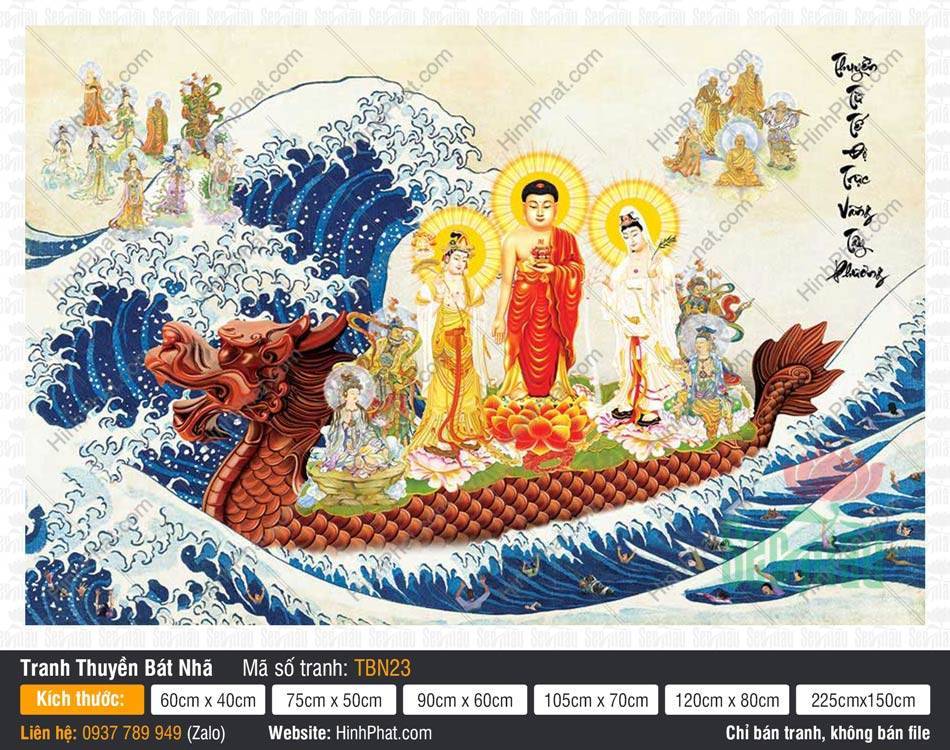 Tranh Thuyền Bát Nhã TBN23 Tranh Thuyền Bát Nhã TBN23 vẽ Tây Phương Tam Thánh trên thuyền rồng cứu độ chúng sinh