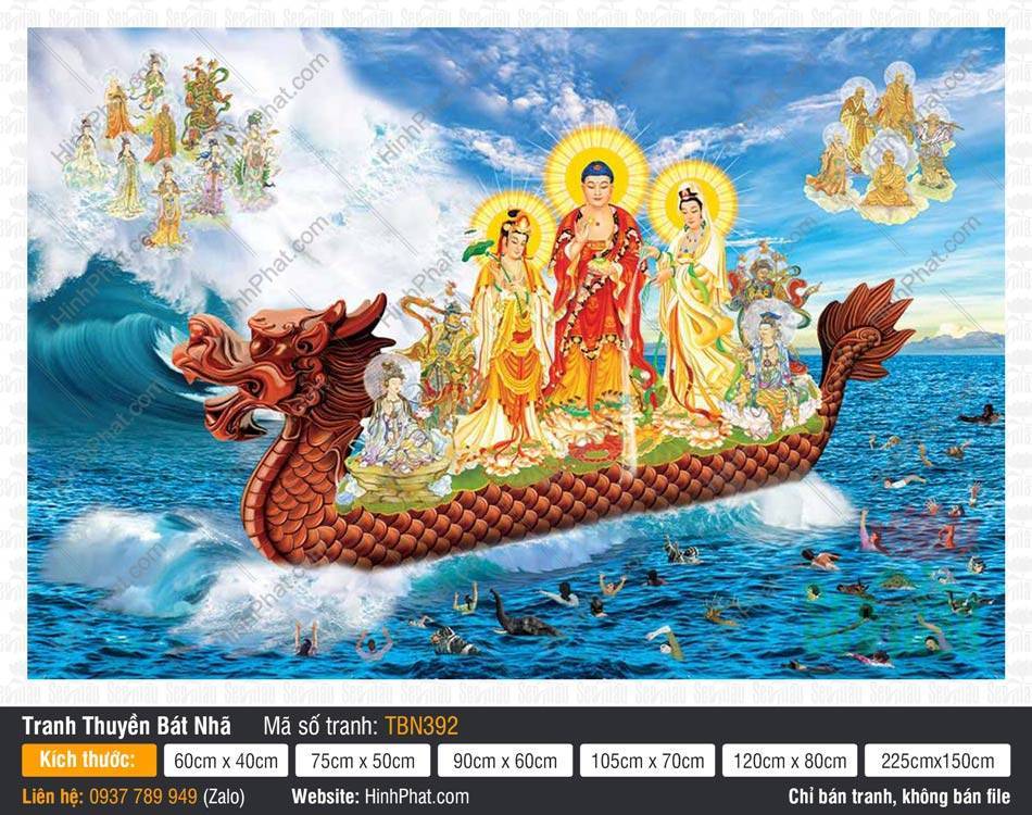Tranh Thuyền Bát Nhã TBN392 Tranh Thuyền Bát Nhã TBN392 khắc họa cảnh Đức Phật mặc y vàng cam cứu độ chúng sinh
