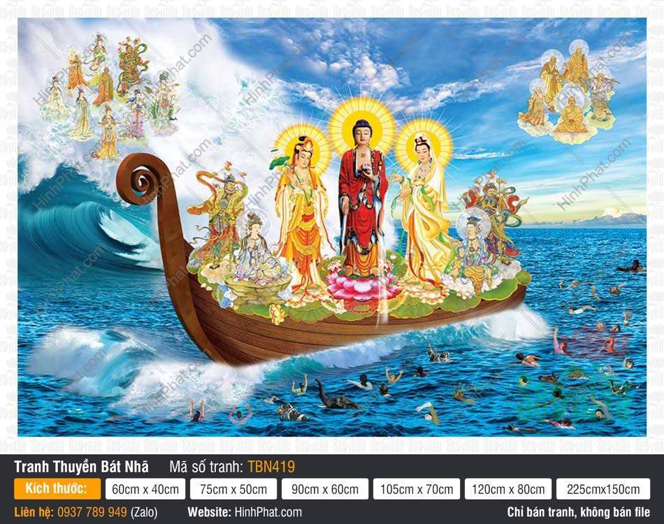Tranh Thuyền Bát Nhã TBN419 Tranh Thuyền Bát Nhã TBN419 khắc họa Tây Phương Tam Thánh ngự thuyền gỗ nâu mũi cuộn tròn