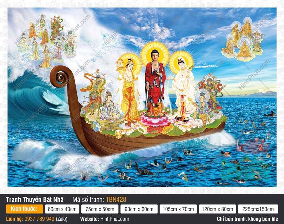 Tranh Thuyền Bát Nhã TBN428 Tranh Thuyền Bát Nhã TBN428 khắc họa Tây Phương Tam Thánh ngự thuyền gỗ màu nâu