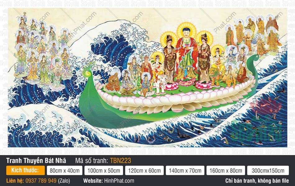 Tranh Thuyền Bát Nhã kích thước lớn TBN223 Tranh Thuyền Bát Nhã kích thước lớn TBN223 phác họa Đức Phật cà sa đỏ cùng đại chúng