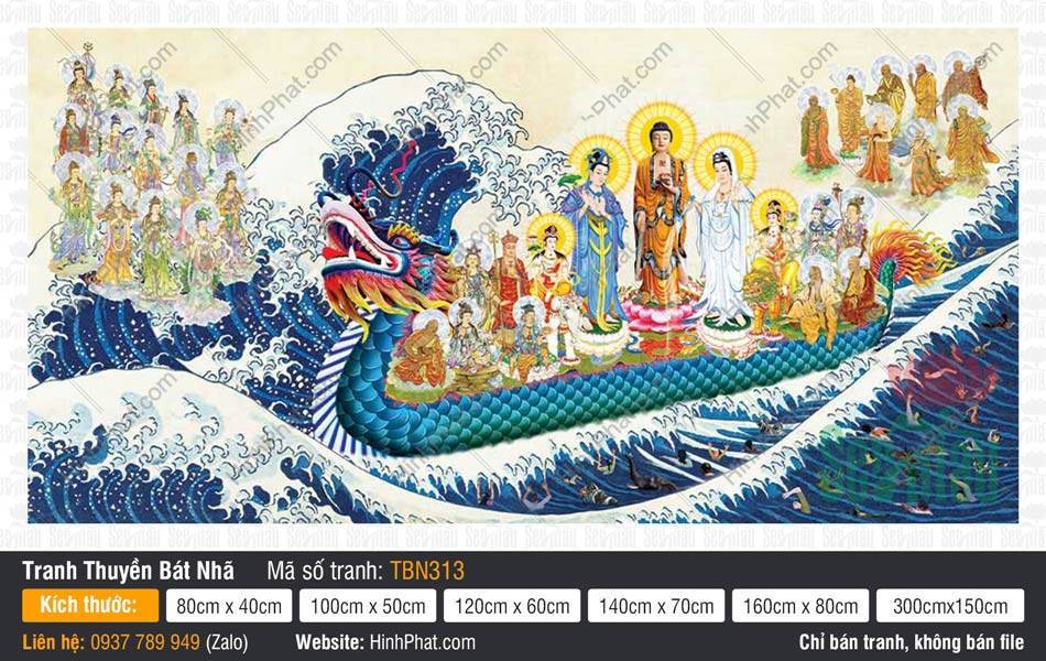 Tranh Thuyền Bát Nhã kích thước lớn TBN313 Tranh Thuyền Bát Nhã kích thước lớn TBN313 khắc họa Đức Phật mặc áo vàng đất ngự thuyền rồng