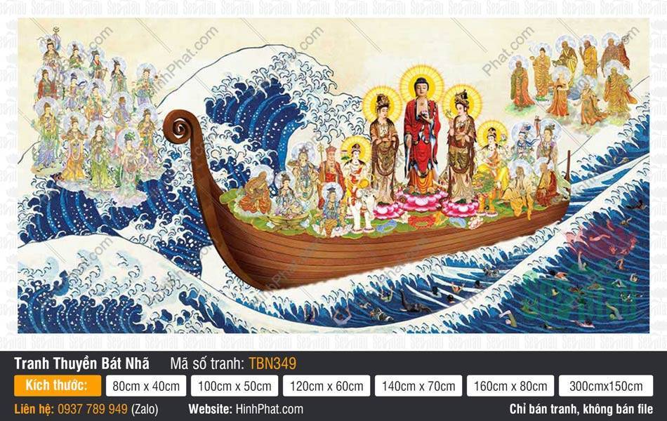 Tranh Thuyền Bát Nhã kích thước lớn TBN349 Tranh Thuyền Bát Nhã kích thước lớn TBN349 vẽ Đức Phật mặc y đỏ ngự thuyền