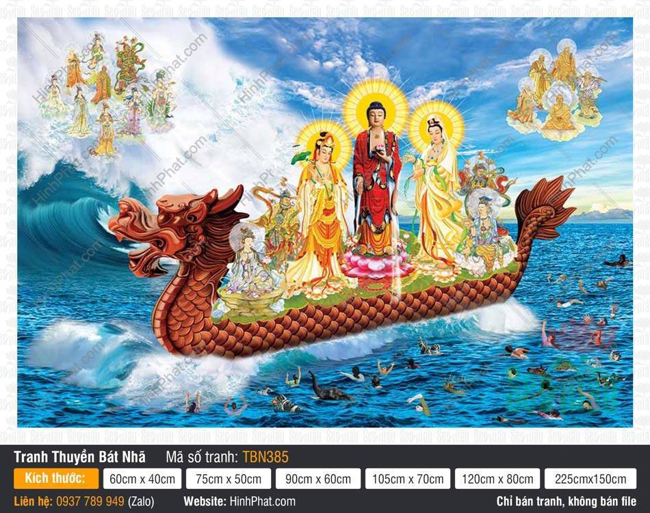 Tranh Thuyền Bát Nhã kích thước lớn TBN385 Tranh Thuyền Bát Nhã kích thước lớn TBN385 khắc họa Tây Phương Tam Thánh ngự thuyền rồng