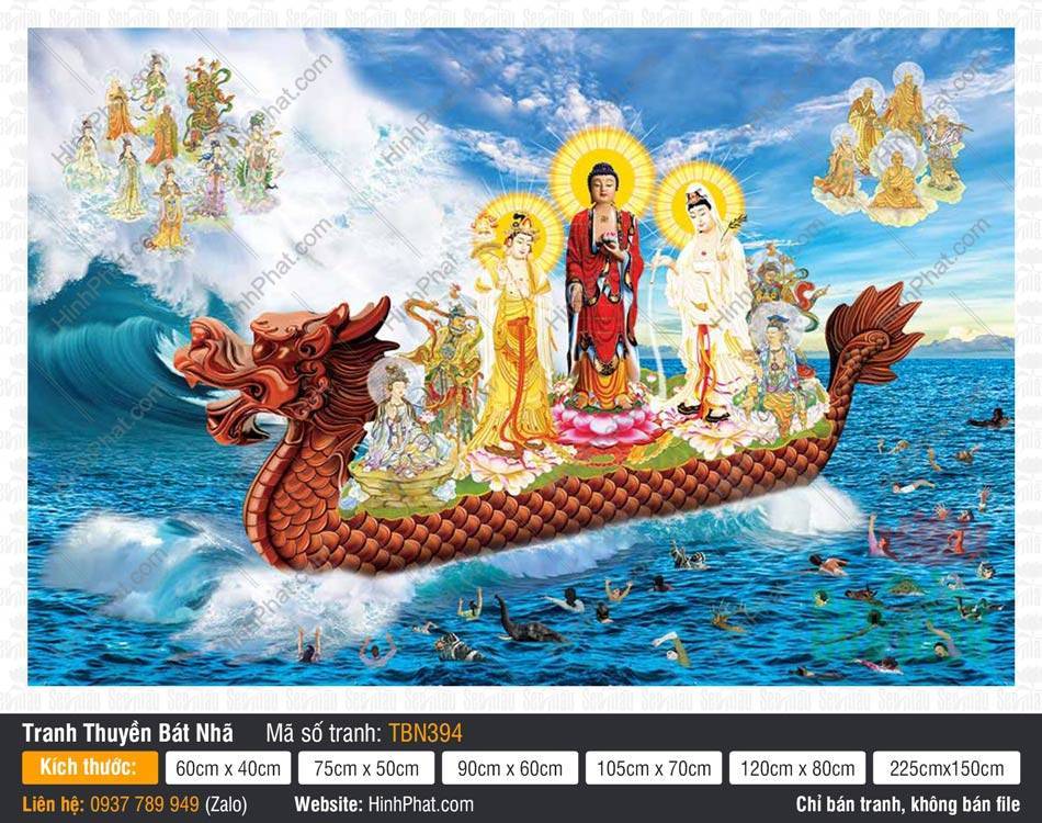 Tranh Thuyền Bát Nhã kích thước lớn TBN394 Tranh Thuyền Bát Nhã kích thước lớn khắc họa Đức Phật mặc áo đỏ cứu độ