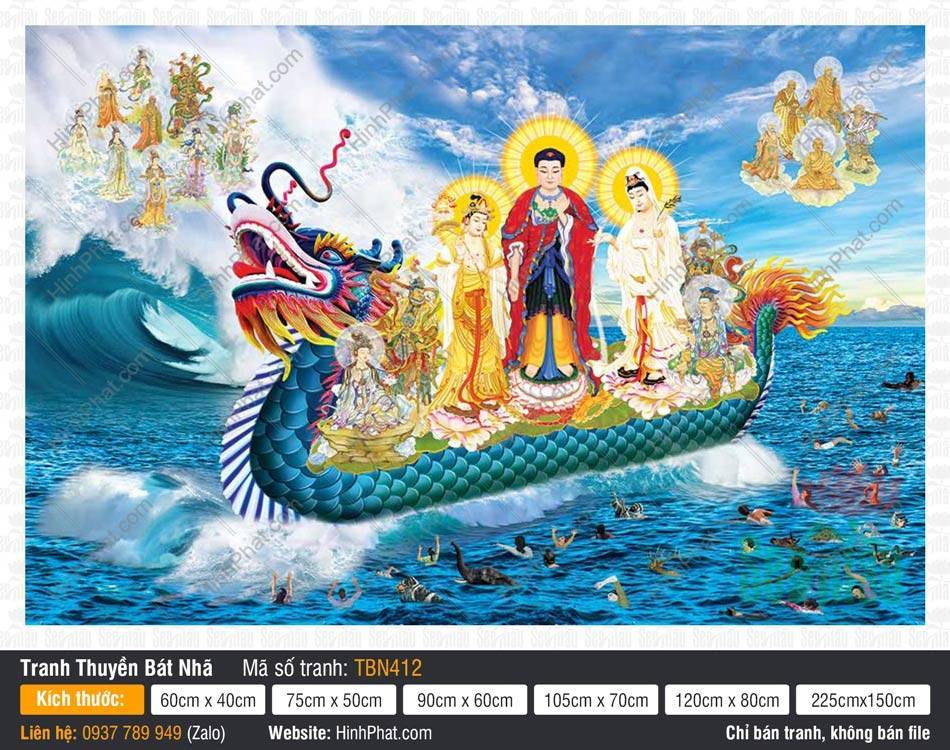 Tranh Thuyền Bát Nhã kích thước lớn TBN412 Tranh Thuyền Bát Nhã kích thước lớn TBN412 Tây Phương Tam Thánh ngự thuyền rồng vảy xanh