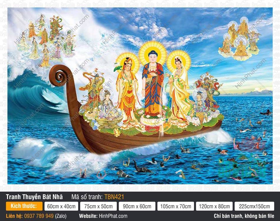 Tranh Thuyền Bát Nhã kích thước lớn TBN421 Tranh Thuyền Bát Nhã kích thước lớn TBN421 ngự trên thuyền gỗ màu nâu mũi cuộn tròn.