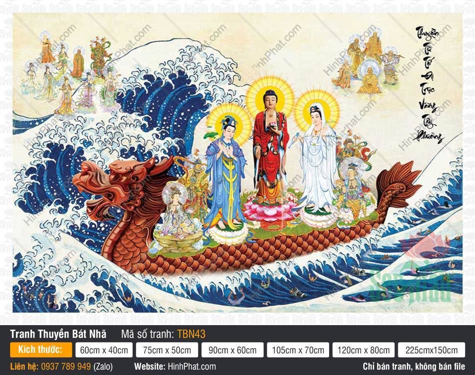Tranh Thuyền Bát Nhã kích thước lớn TBN43 Tranh Thuyền Bát Nhã kích thước lớn TBN43 phác họa chư Phật áo xanh đỏ trắng