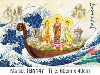 Hình Thuyền Bát Nhã đẹp TBN147, cảnh Tam Thánh ngự thuyền gỗ nâu