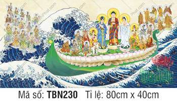 Tranh Thuyền Bát Nhã TBN230, cảnh Tam Thánh áo xanh trắng ngự thuyền sen Tranh Thuyền Bát Nhã TBN230, cảnh Tam Thánh áo xanh trắng ngự thuyền sen