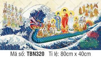 Tranh Thuyền Bát Nhã TBN320, Tây Phương Tam Thánh ngự bệ sen đỏ cam Tranh Thuyền Bát Nhã TBN320, Tây Phương Tam Thánh ngự bệ sen đỏ cam