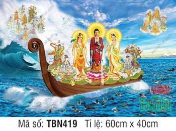 Tranh Thuyền Bát Nhã TBN419, Tây Phương Tam Thánh ngự thuyền gỗ nâu Tranh Thuyền Bát Nhã TBN419, Tây Phương Tam Thánh ngự thuyền gỗ nâu