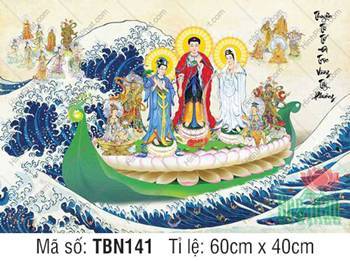 Tranh Thuyền Bát Nhã đẹp TBN141, Tây Phương Tam Thánh xanh trắng