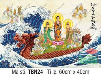 Tranh Thuyền Bát Nhã đẹp TBN24, Tây Phương Tam Thánh giữa biển sóng Tranh Thuyền Bát Nhã đẹp TBN24, Tây Phương Tam Thánh giữa biển sóng