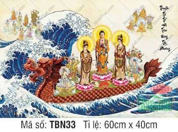Tranh Thuyền Bát Nhã đẹp TBN33, Tây Phương Tam Thánh mặc cổ y Tranh Thuyền Bát Nhã đẹp TBN33, Tây Phương Tam Thánh mặc cổ y