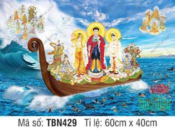 Tranh Thuyền Bát Nhã đẹp TBN429, Tây Phương Tam Thánh ngự thuyền mộc Tranh Thuyền Bát Nhã đẹp TBN429, Tây Phương Tam Thánh ngự thuyền mộc