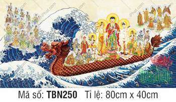 Tranh Thuyền Bát Nhã kích thước lớn TBN250, cảnh Đức Phật áo đỏ xanh