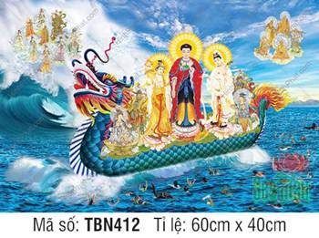 Tranh Thuyền Bát Nhã kích thước lớn TBN412, Đức Phật mặc y lam đậm Tranh Thuyền Bát Nhã kích thước lớn TBN412, Đức Phật mặc y lam đậm