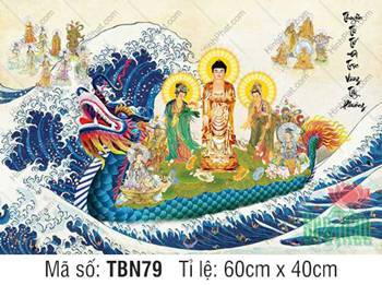 Tranh Thuyền Bát Nhã kích thước lớn TBN79, Phật y phục màu vàng cam Tranh Thuyền Bát Nhã kích thước lớn TBN79