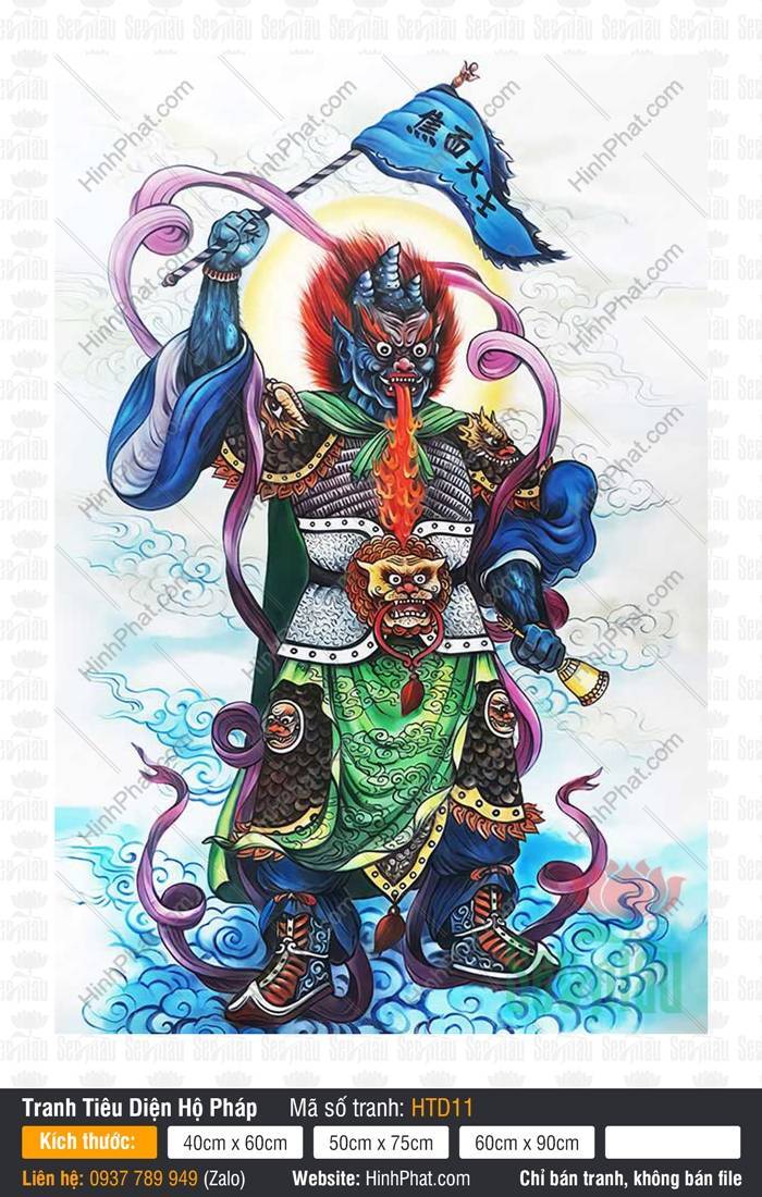 Diện Nhiên Đại Sĩ HTD11 Tranh Diện Nhiên Đại Sĩ HTD11 mặc giáp chiến cưỡi mây xanh phún lửa oai nghiêm