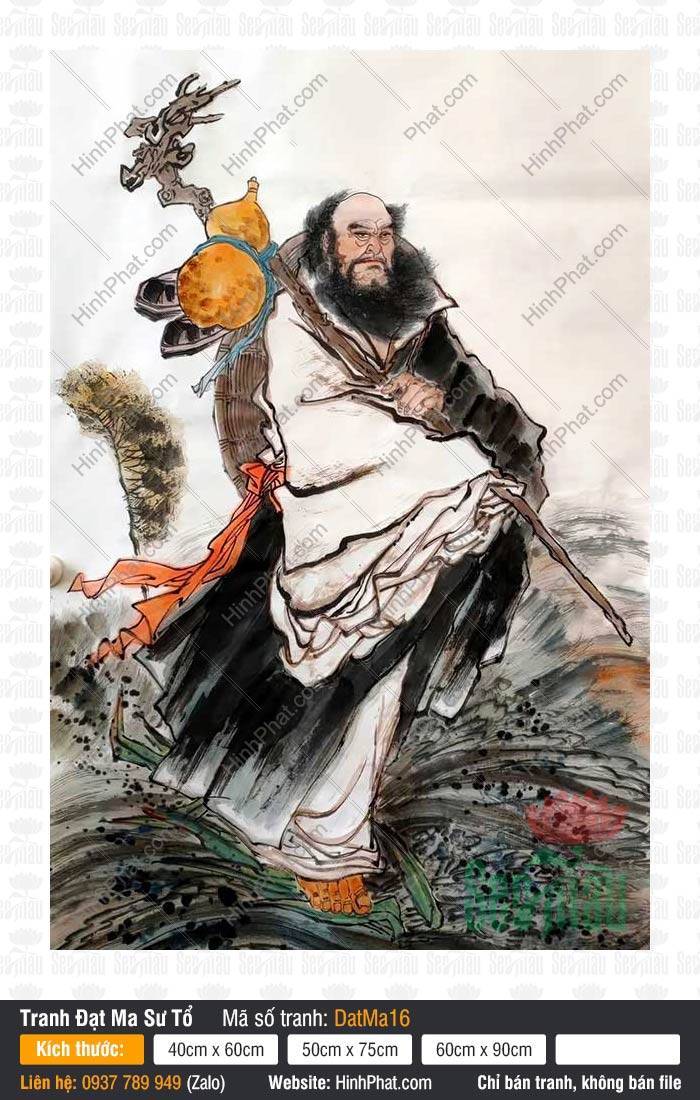 Hình Tổ Sư Đạt Ma DatMa16 Hình Tổ Sư Đạt Ma DatMa16 thủy mặc áo trắng đen quảy hồ lô vàng