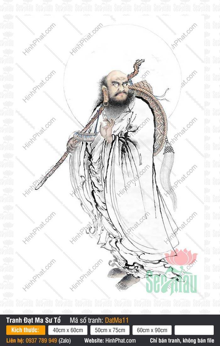 Tranh Đạt Ma Sư Tổ DatMa11 Tranh Đạt Ma Sư Tổ DatMa11 phong cách thủy mặc áo y trắng quảy nón lá rộng vành
