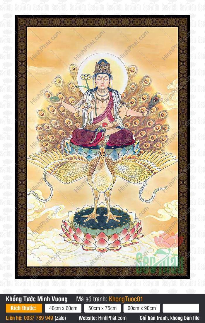 Khổng Tước Minh Vương KhongTuoc01 Tranh Khổng Tước Minh Vương KhongTuoc01 ngự đài sen trên lưng khổng tước vàng