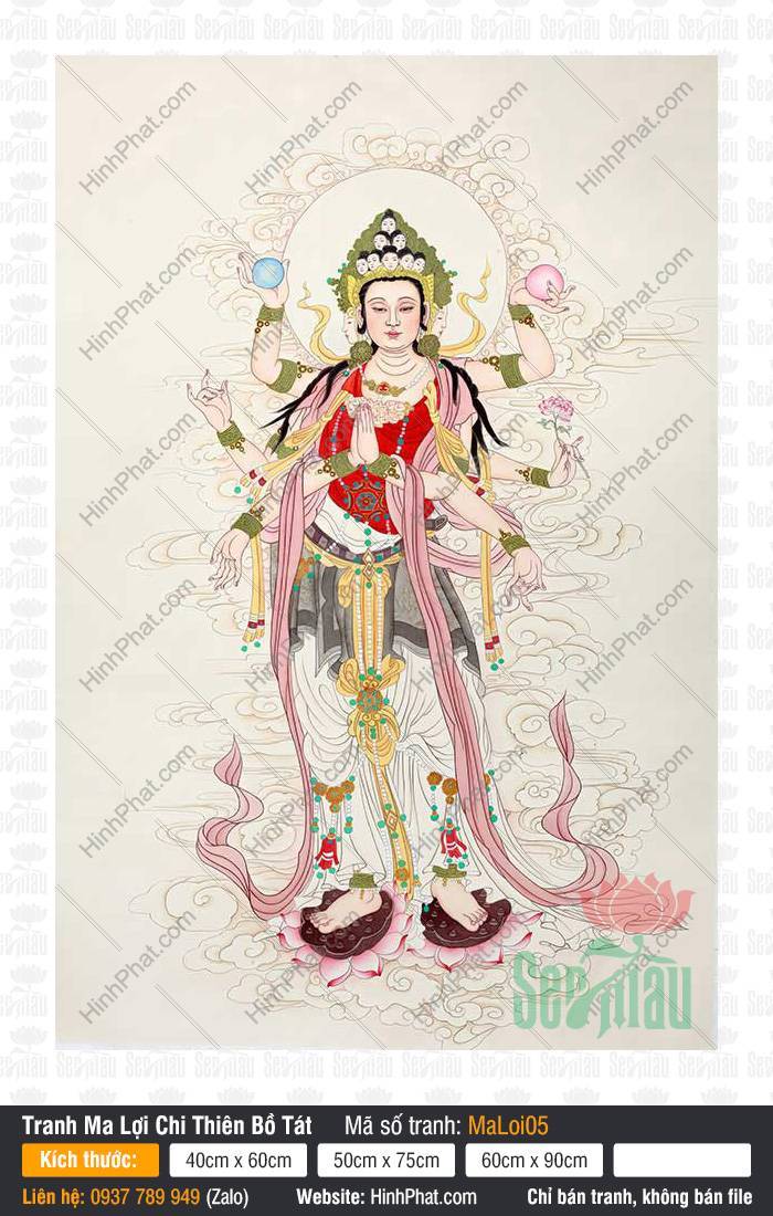Bồ Tát Ma Lợi Chi Thiên MaLoi05 Tranh Bồ Tát Ma Lợi Chi Thiên MaLoi05 tám tay khoác lụa hồng đứng trên sen
