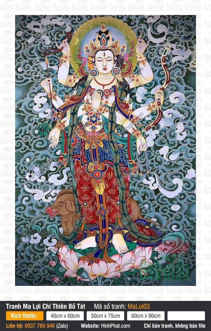 Ma Lợi Chi Thiên Bồ Tát MaLoi03 Bức họa Ma Lợi Chi Thiên Bồ Tát MaLoi03 ba mặt tám tay đứng trên đài sen