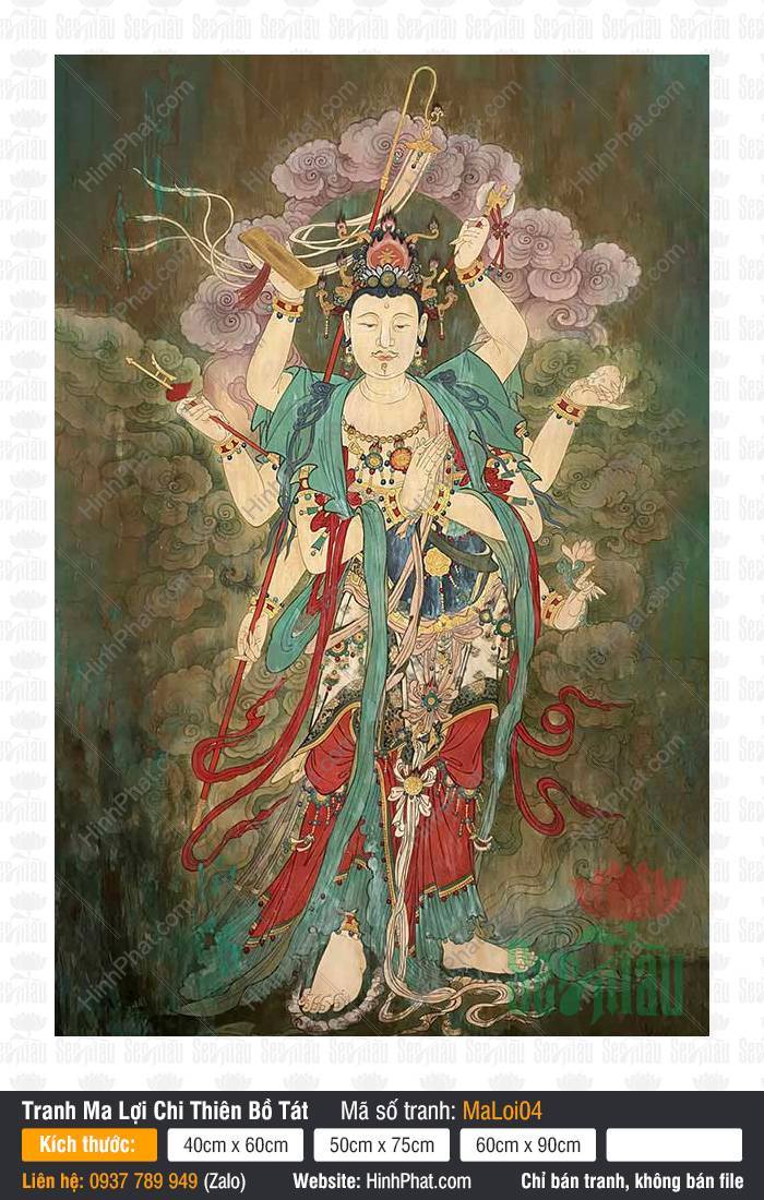 Marici Phật Mẫu MaLoi04 Tranh Marici Phật Mẫu MaLoi04 tôn ảnh Bồ Tát tám tay đứng giữa làn mây tía cổ kính