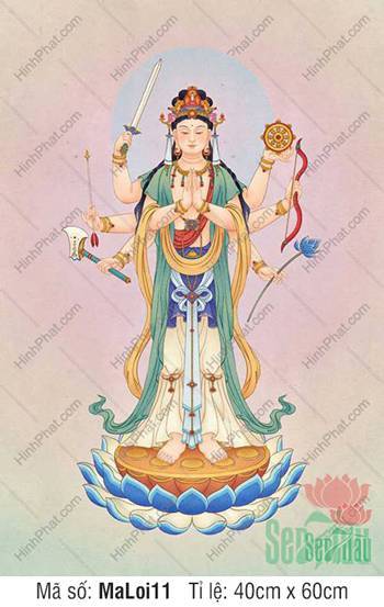 Tranh Ma Lợi Chi Bồ Tát MaLoi11, dáng đứng đài sen xanh Tranh Ma Lợi Chi Bồ Tát MaLoi11, dáng đứng đài sen xanh