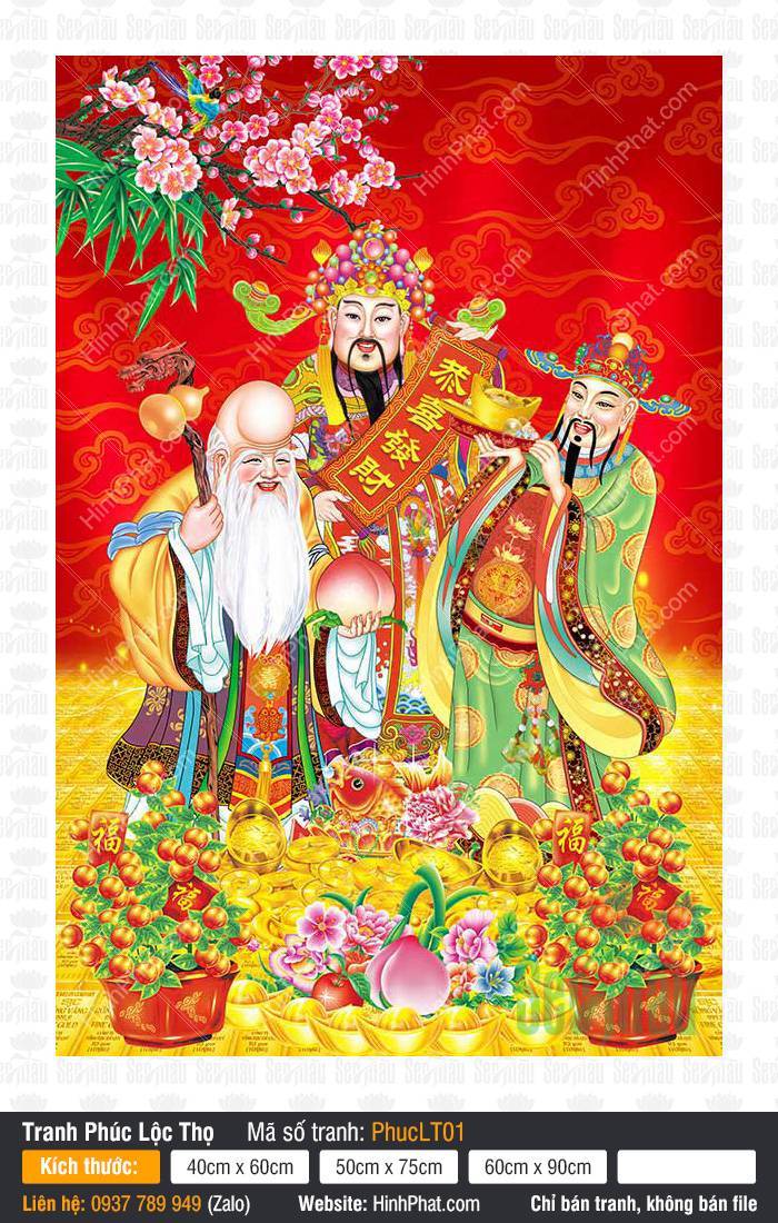 Phúc Lộc Thọ PhucLT01 Bức tranh Phúc Lộc Thọ PhucLT01 họa ba vị thần đứng bên thỏi vàng rực rỡ