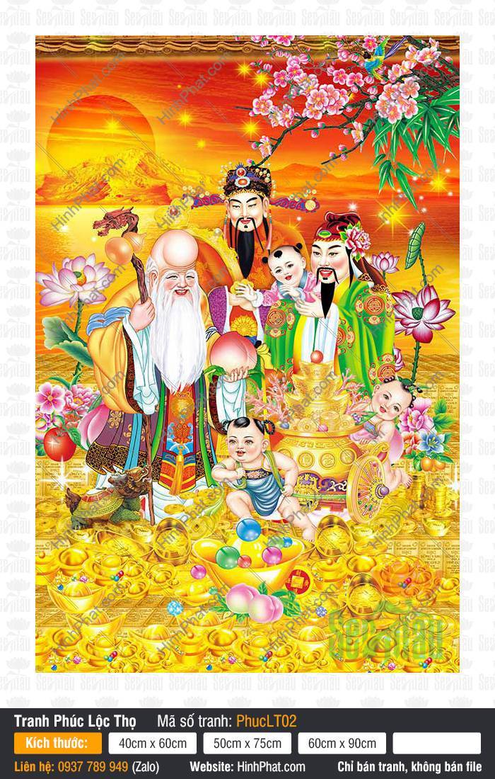Tranh Phúc Lộc Thọ PhucLT02 Tranh Phúc Lộc Thọ PhucLT02 khắc họa ba vị thần hoan hỷ bên đồng nhi và thỏi vàng