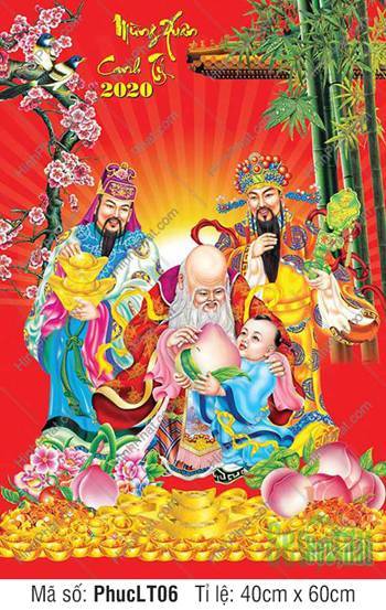 Hình Phúc Lộc Thọ Đẹp PhucLT06, ba vị thần bên khóm trúc xuân