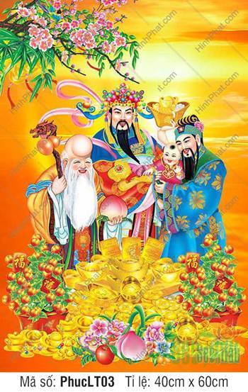 Tranh Phúc Lộc Thọ Đẹp PhucLT03, ba vị thần đứng trên núi vàng