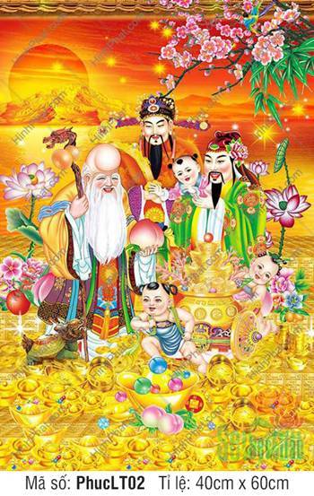 Tranh Phúc Lộc Thọ PhucLT02, ba vị thần đứng bên núi vàng