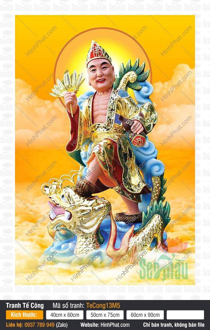 Hình Tế Công Khổ Lớn TeCong13M5 Hình Tế Công Khổ Lớn TeCong13M5 đứng uy nghiêm trên lưng rồng vàng giữa làn mây xanh