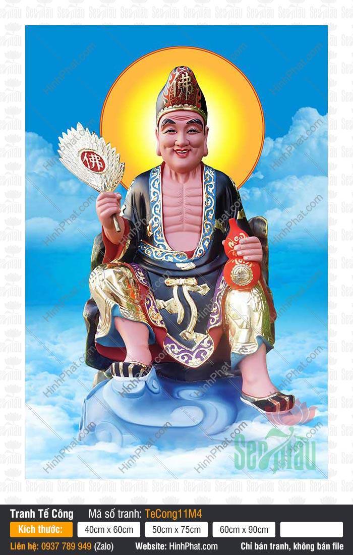 Tranh Tế Công Đẹp TeCong11M4 Tranh Tế Công Đẹp khắc họa hòa thượng mặc y phục đen vàng ngồi trên mây xanh cầm quạt trắng