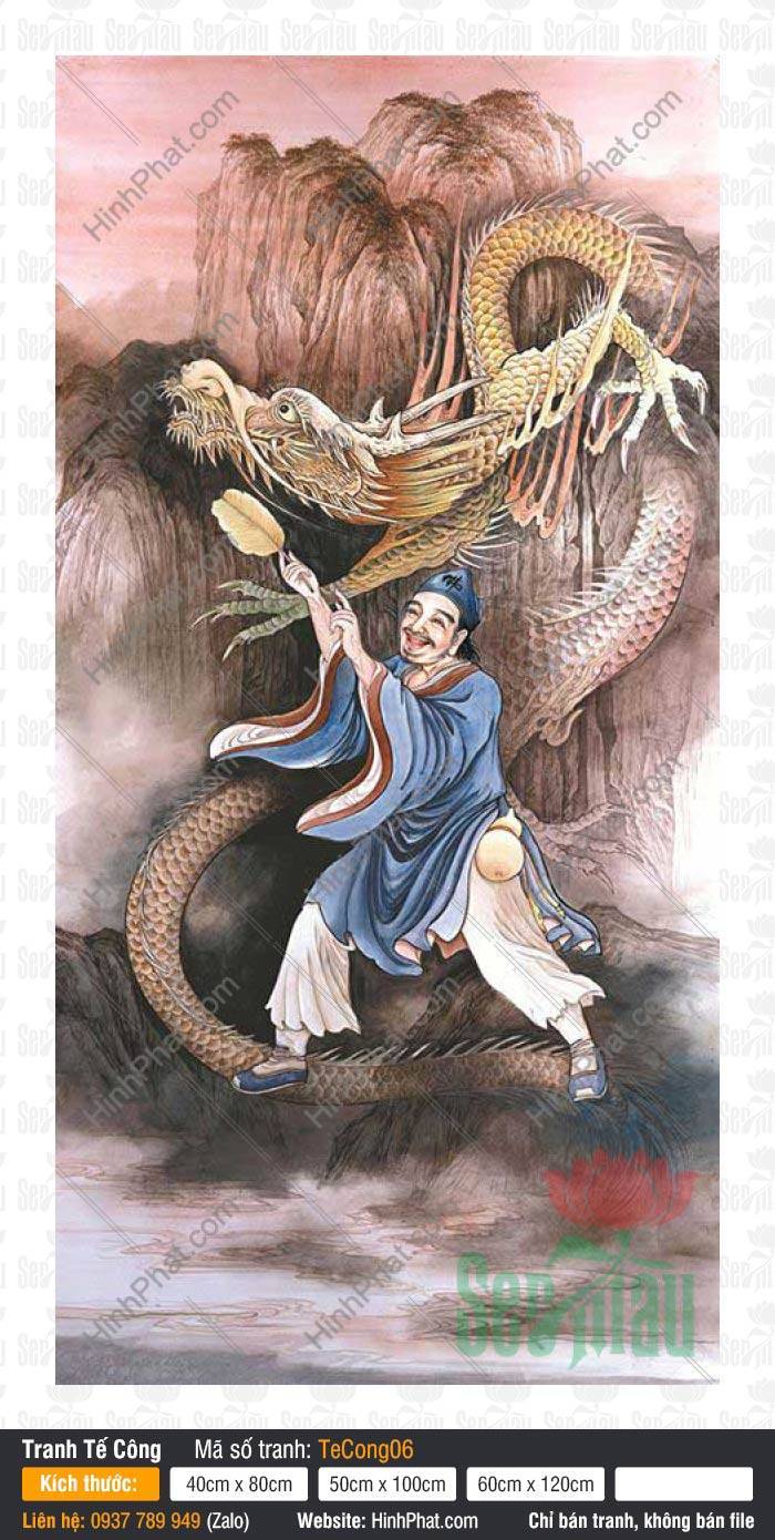 Tranh Tế Công TeCong06 Tranh Tế Công TeCong06 khắc họa ngài cầm quạt rách phiêu diêu cưỡi rồng thiêng