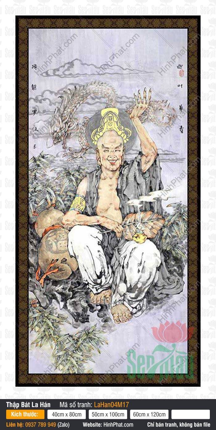 Mười Tám Vị La Hán LaHan04M17 Mười Tám Vị La Hán LaHan04M17 khắc họa tôn giả Hàng Long vờn rồng thần