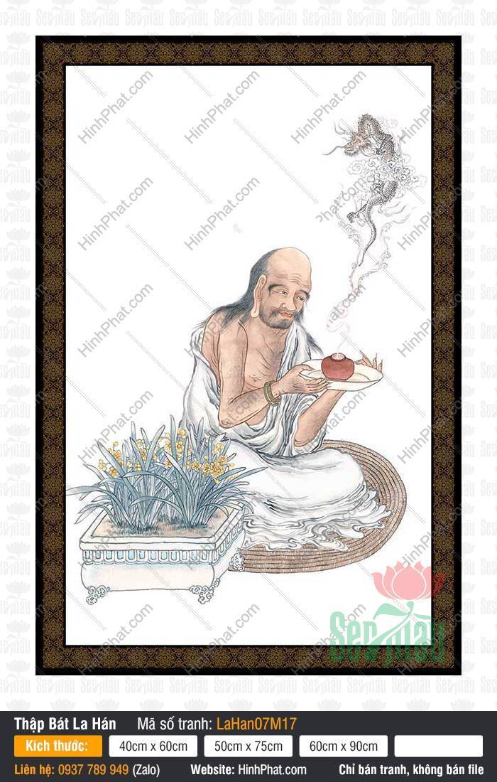 Tranh Thập Bát La Hán Đẹp LaHan07M17 Tranh Thập Bát La Hán Đẹp LaHan07M17 họa nét Hàng Long La Hán nâng đĩa khói