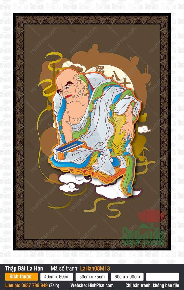 Tranh Thập Bát La Hán Đẹp Nhất LaHan08M13 Tranh Thập Bát La Hán Đẹp Nhất khắc họa tôn giả Bố Đại mặc y xám viền xanh